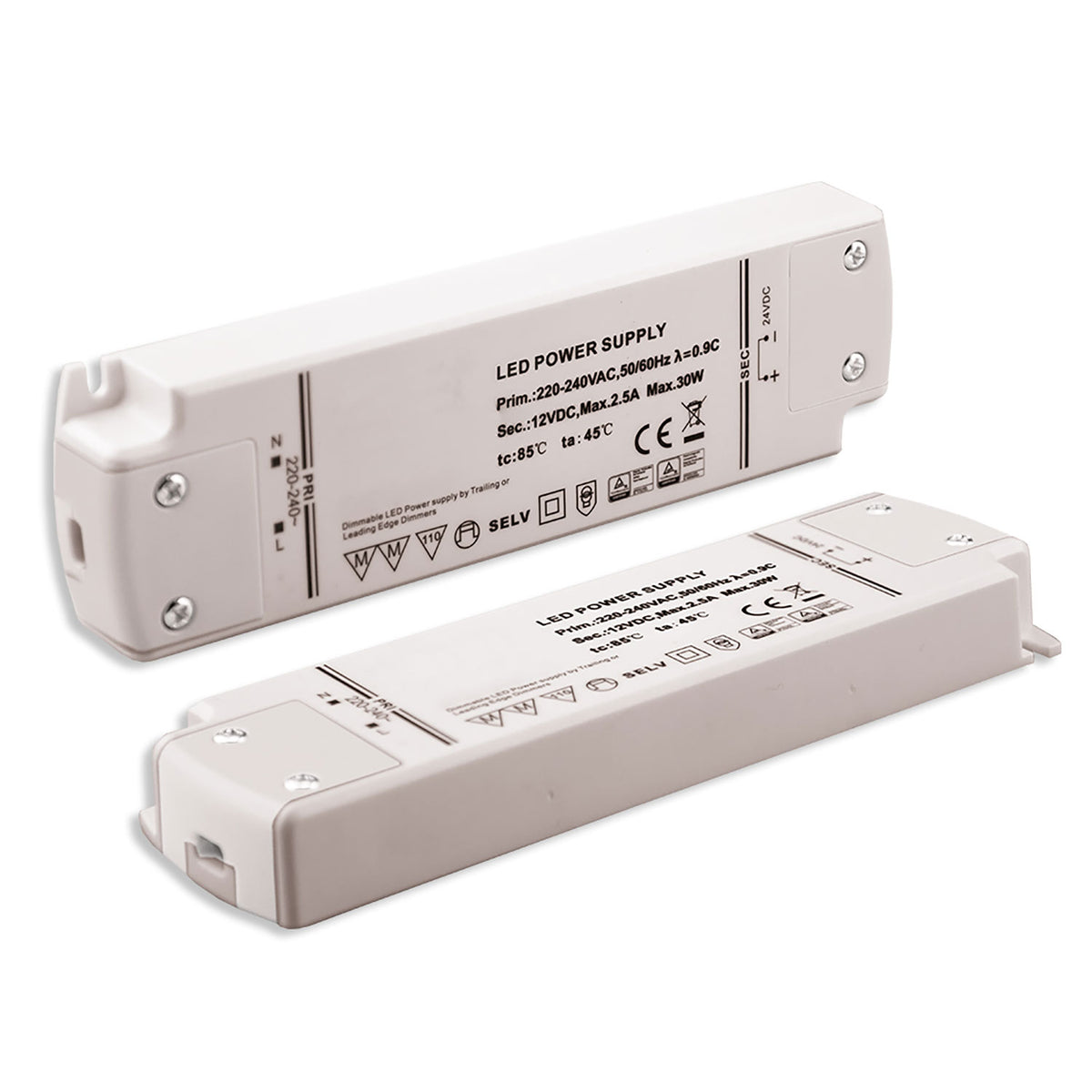 LED flexible strip transformer 12V/DC, 0-30W, dimmable (voltage sink), SELV
