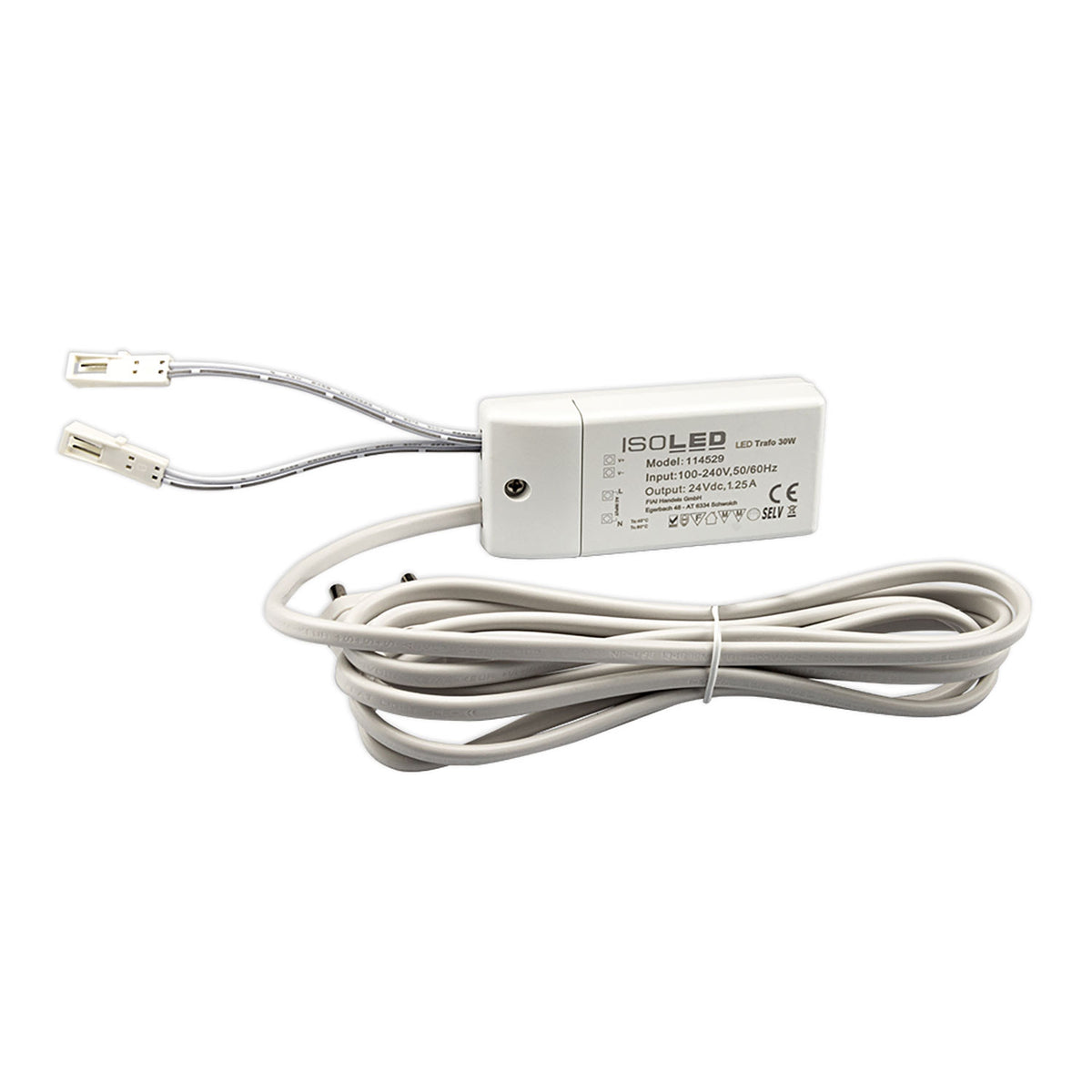 LED transformer MiniAMP 24V/DC, 0-30W, 200cm cable with flat connector, secondary 2 female sockets