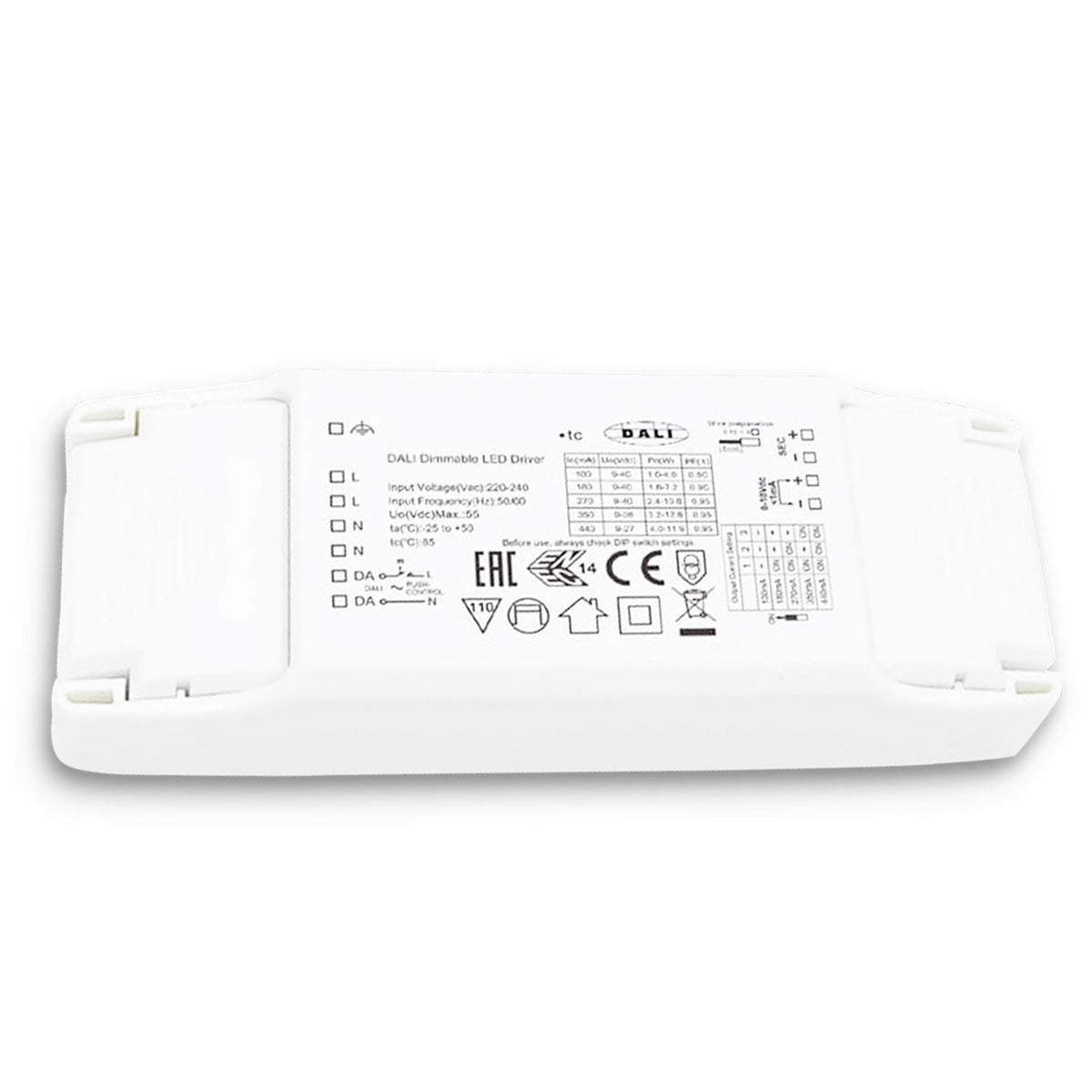 LED constant current transformer 100/180/270/350/440mA, 10W, push/1-10V/DALI dimmable