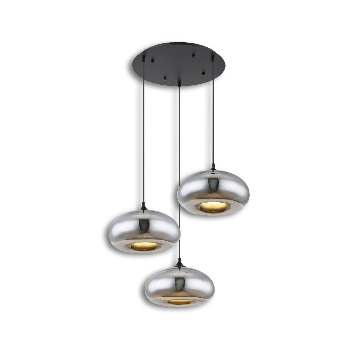 Pendant light, metal, black, oval, glass, chrome, 3xE27 socket, bulbs not included.