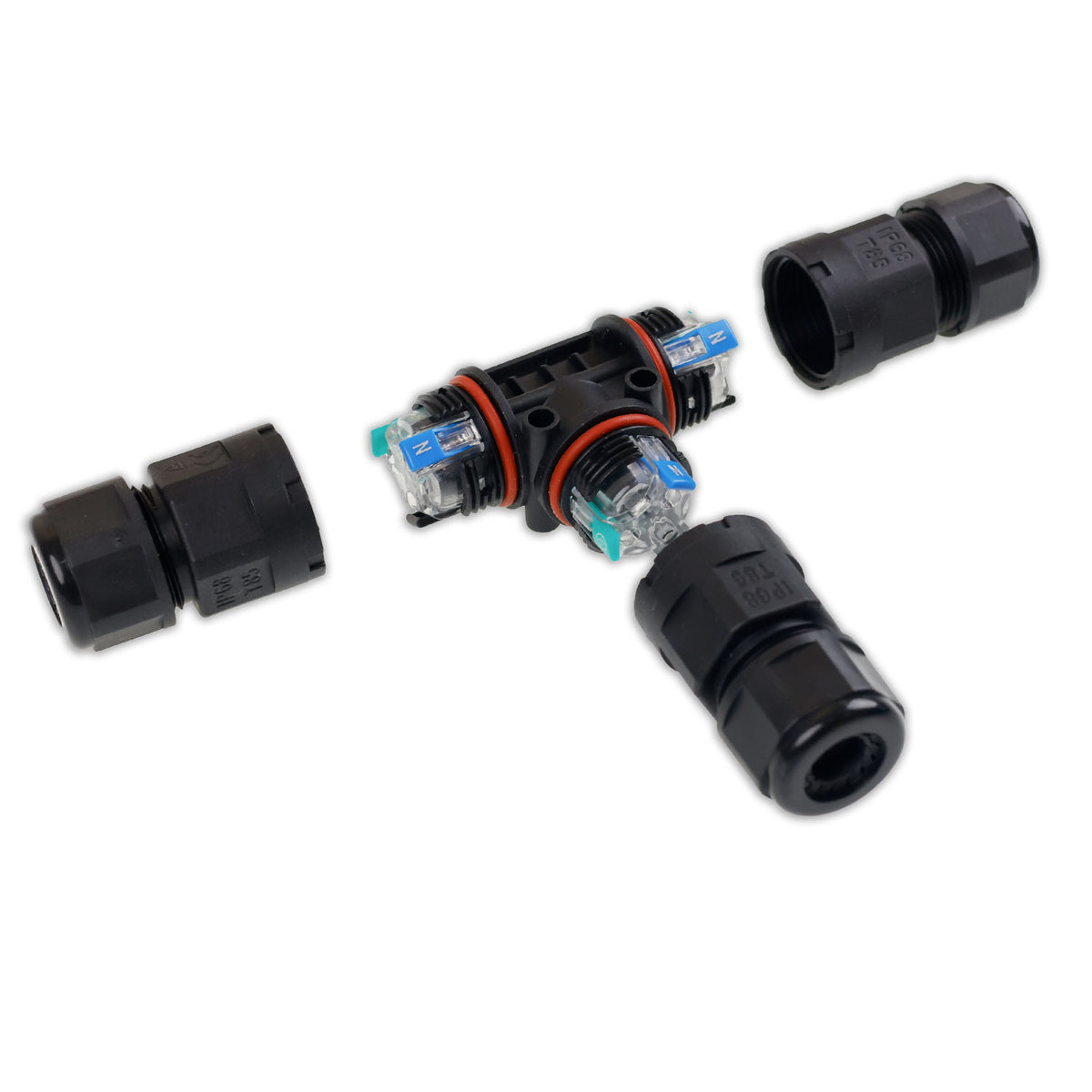 Cable T-connector IP67, 3-pole 0.75-2.5mm² with spring clamp, max. 250V 16A, sheath diameter 6.5-11mm