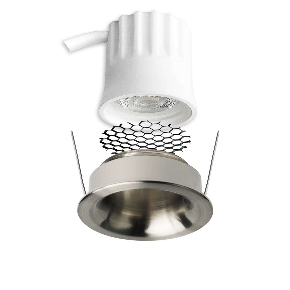 LED Einbaustrahler BACK32, nickel geb., rund, 5W, CRI90, 3000K, rückversetzt, Honeycomb, dimmbar