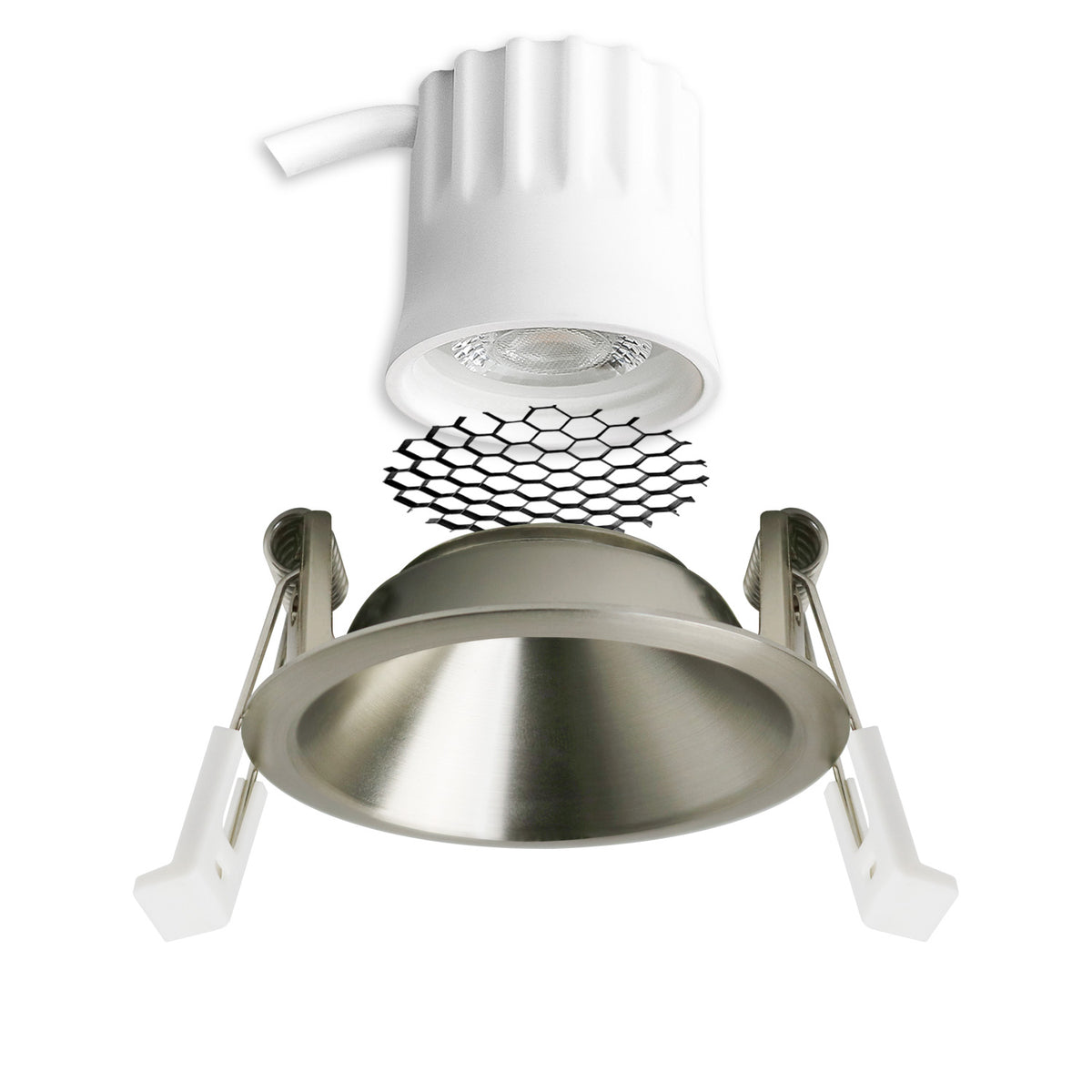 LED recessed spotlight BACK45, nickel-plated, round, 5W, CRI90, 2700K, recessed, honeycomb, dimmable