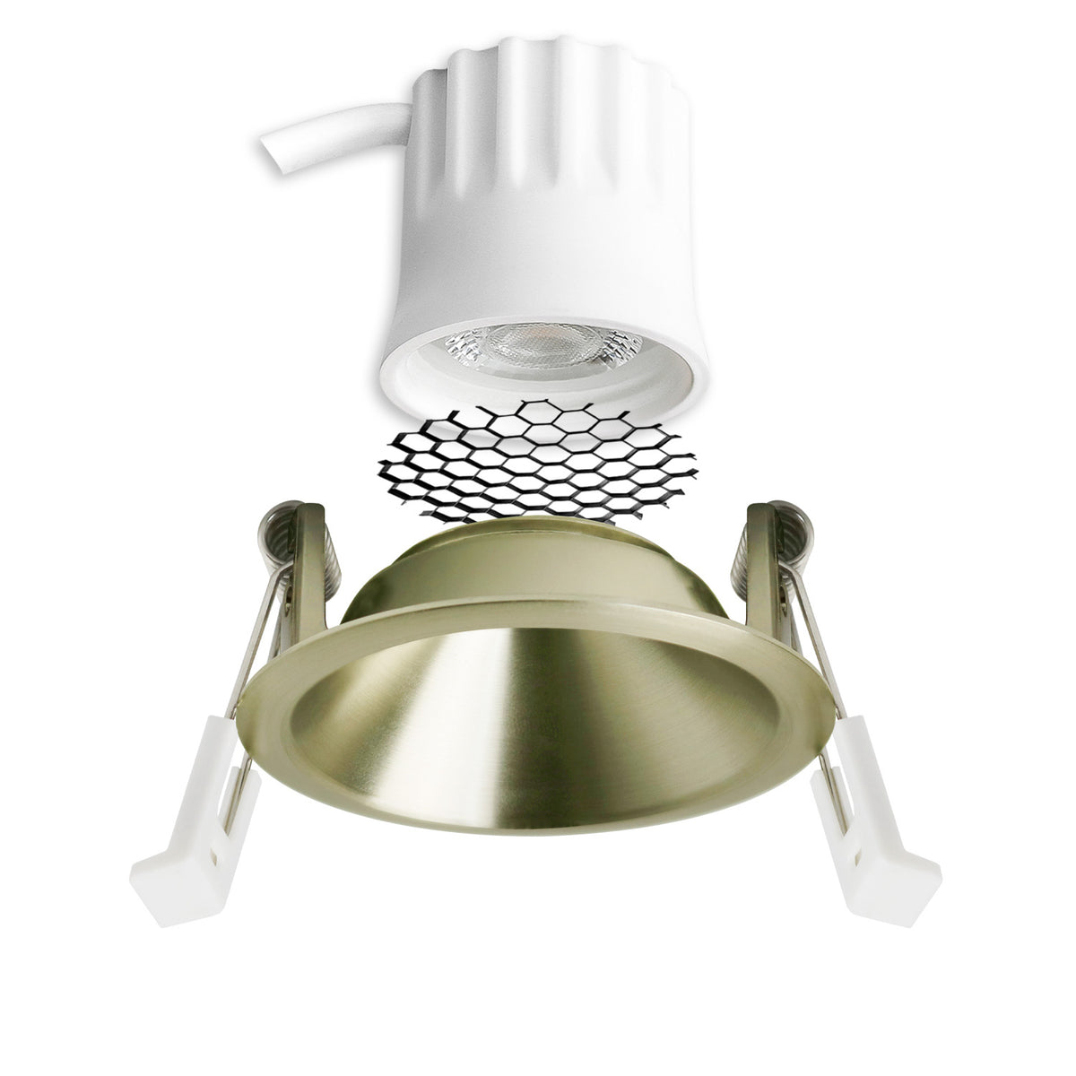 LED recessed spotlight BACK45, brass-plated, round, 5W, CRI90, 3000K, recessed, honeycomb, dimmable