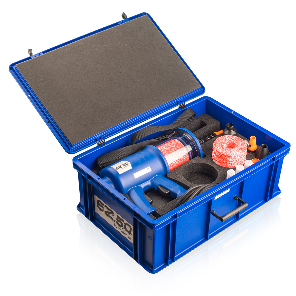 Cable hauling device EZ 50 with accessories in a case for pipes 18-50 mm