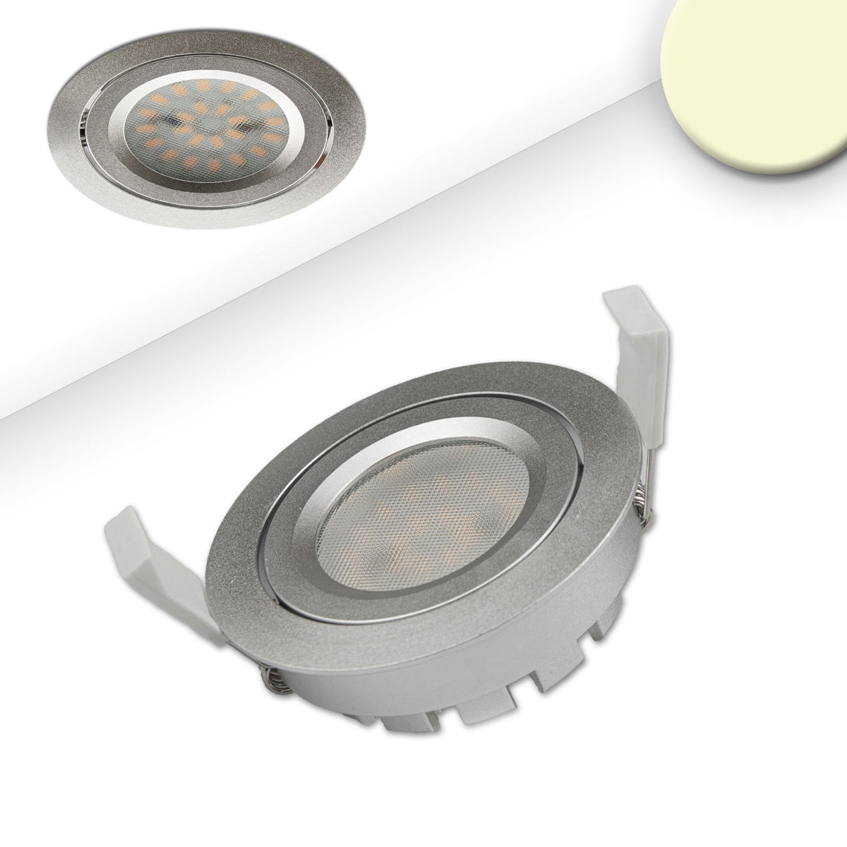 LED recessed spotlight, silver, 8W SMD, 120°, round, warm white, dimmable