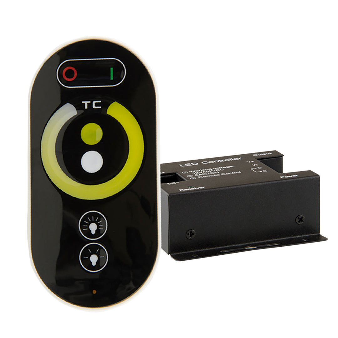 Wireless touch white dynamic PWM dimmer with radio remote control, 12-24V DC 2x6A