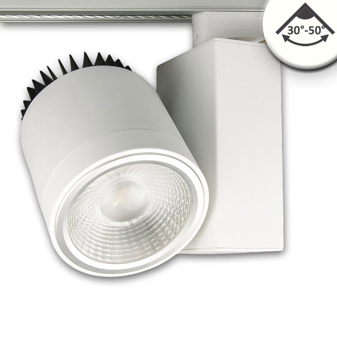 3-phase track spotlight, focusable, 36W, 30°-50°, matte white, 4000K, CRI92, DALI dimmable