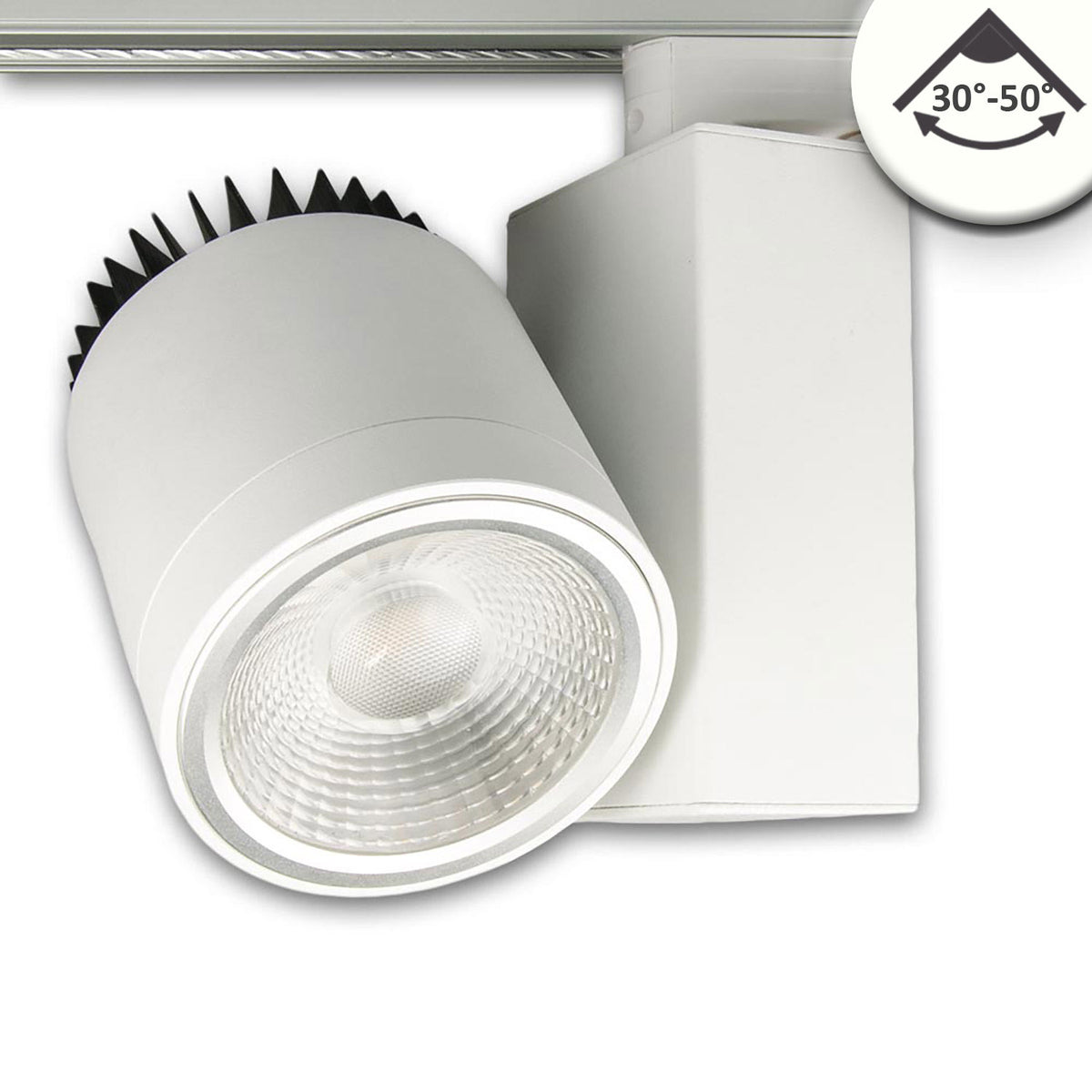 3-phase track spotlight, focusable, 36W, 30°-50°, matte white, 4000K, CRI92, DALI dimmable