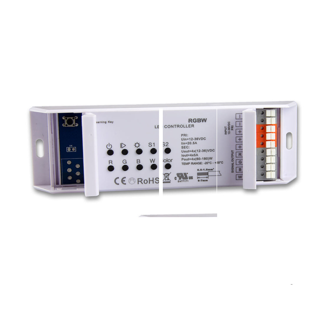 RGB+W PWM dimmer with local and remote control, 2 scene memories, 4 channels, 12-36V, 4x5A