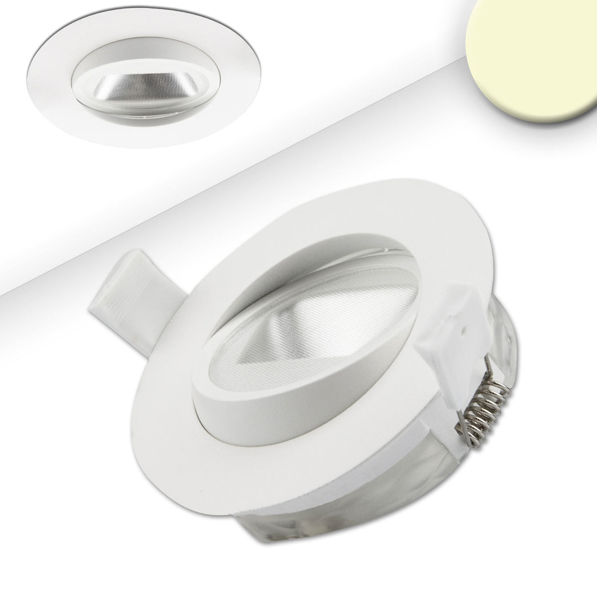 LED recessed spotlight, asymmetrical, COB, white, 8W, 50°, IP44, round, warm white, dimmable
