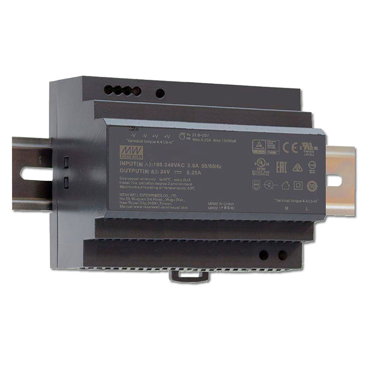 LED top-hat rail transformer MW HDR-150-24, 21.6~29V/DC, 0-150W