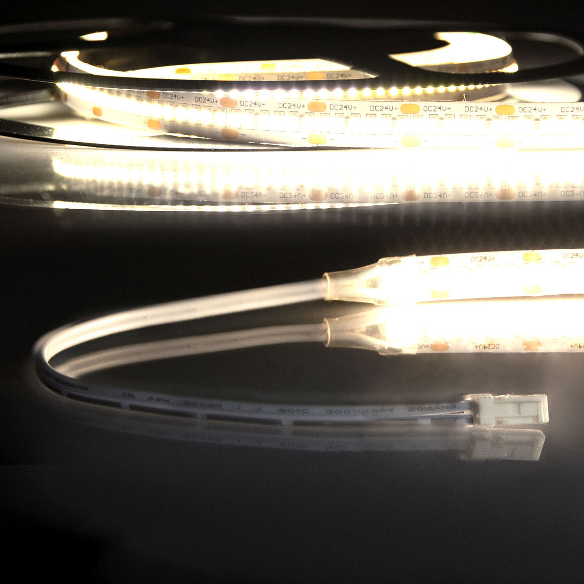 LED CRI930 MiniAMP flex ribbon, 24V DC, 12W, IP20, 3000K, 120cm, both. 30cm cable + maleAMP, 300 LED/m