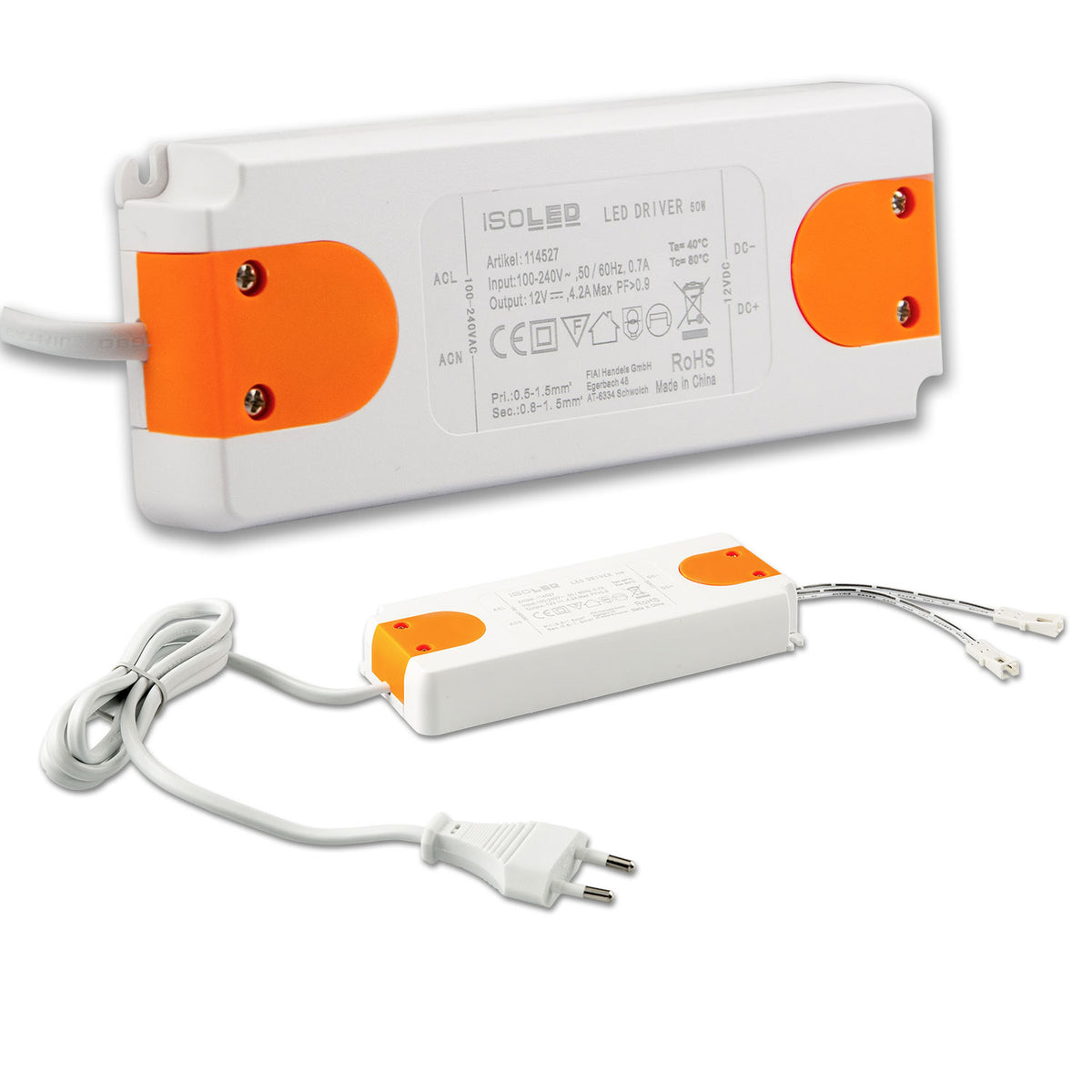 LED transformer MiniAMP 12V/DC, 0-50W, 120cm cable with flat connector, secondary 2 female sockets