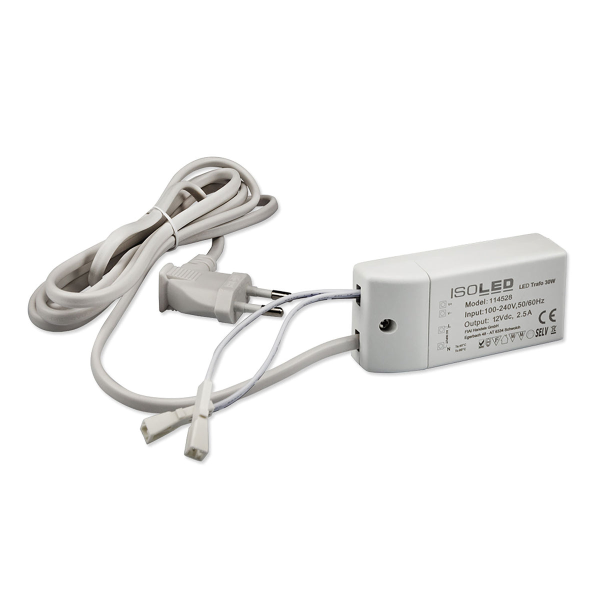 LED transformer MiniAMP 12V/DC, 0-30W, 200cm cable with flat connector, secondary 2 female sockets