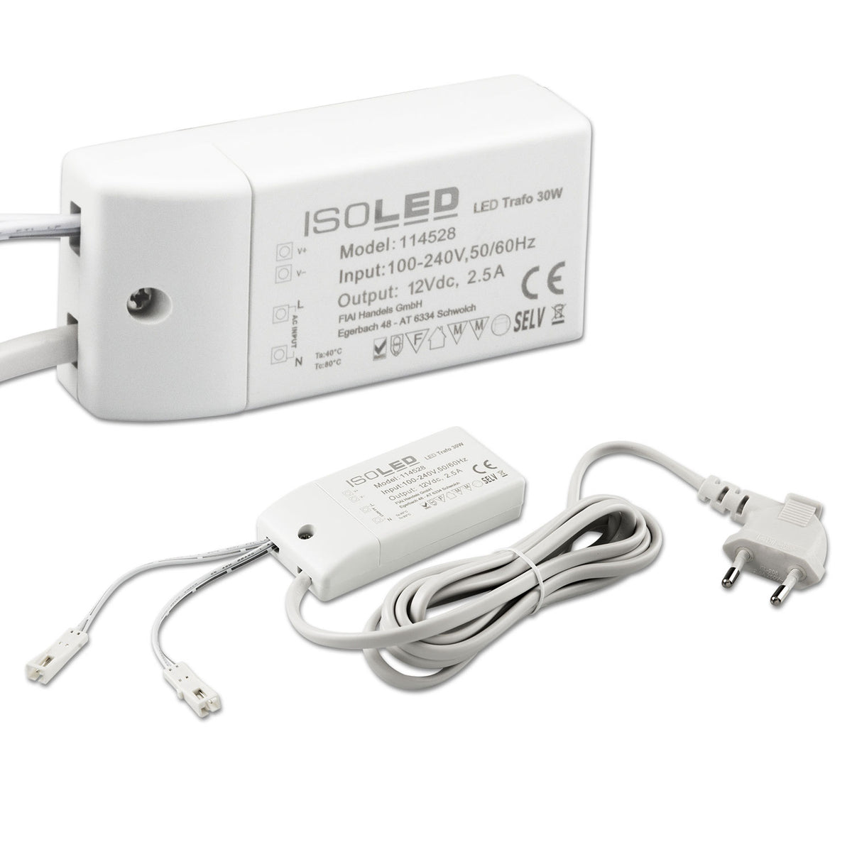 LED transformer MiniAMP 12V/DC, 0-30W, 200cm cable with flat connector, secondary 2 female sockets