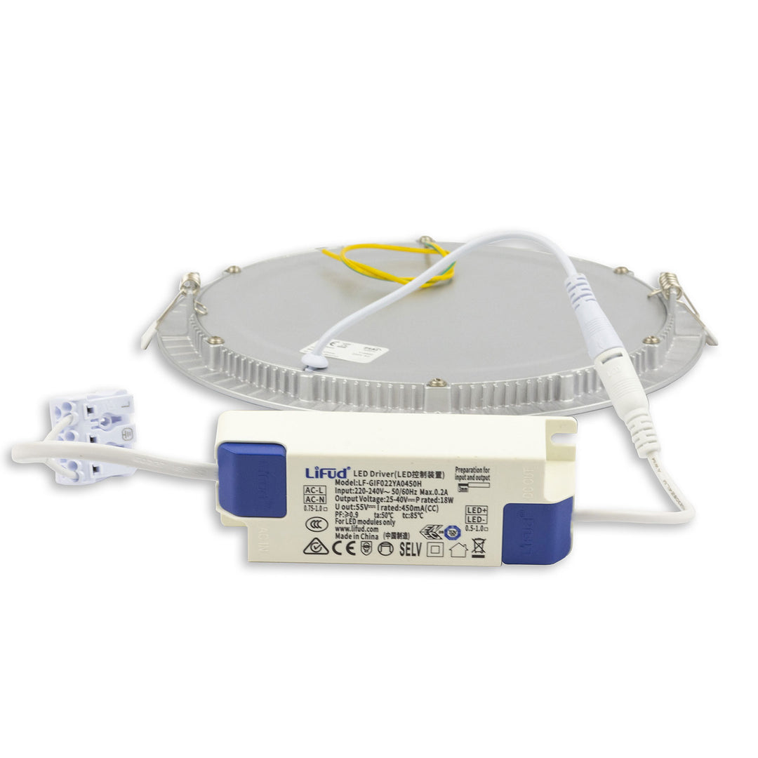 LED downlight, 18W, round, ultra-flat, silver, warm white, dimmable
