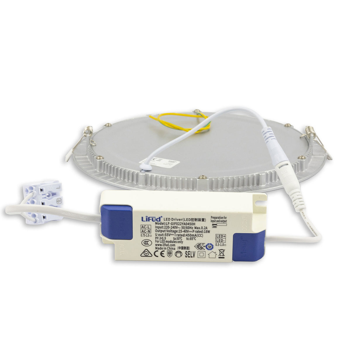 LED downlight, 18W, round, ultra-flat, silver, warm white, dimmable