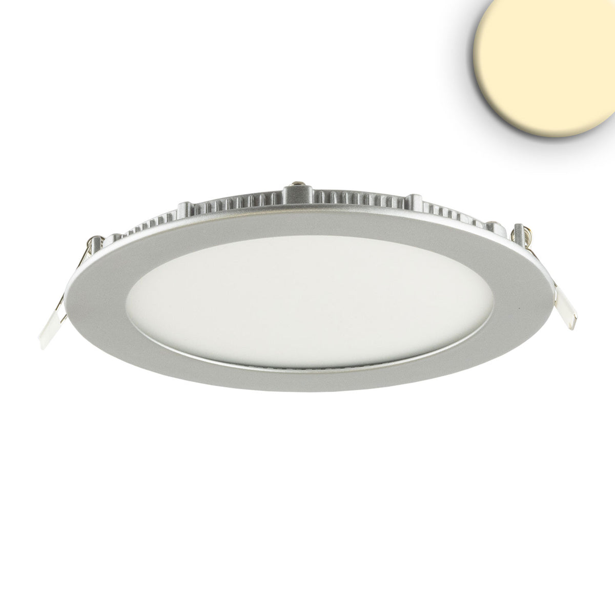 LED downlight, 12W, round, ultra-flat, silver, warm white, dimmable