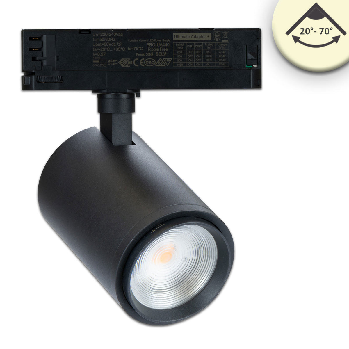 3-phase track spotlight, focusable, 42W, 20°-70°, matte black, 3500K, CRI92