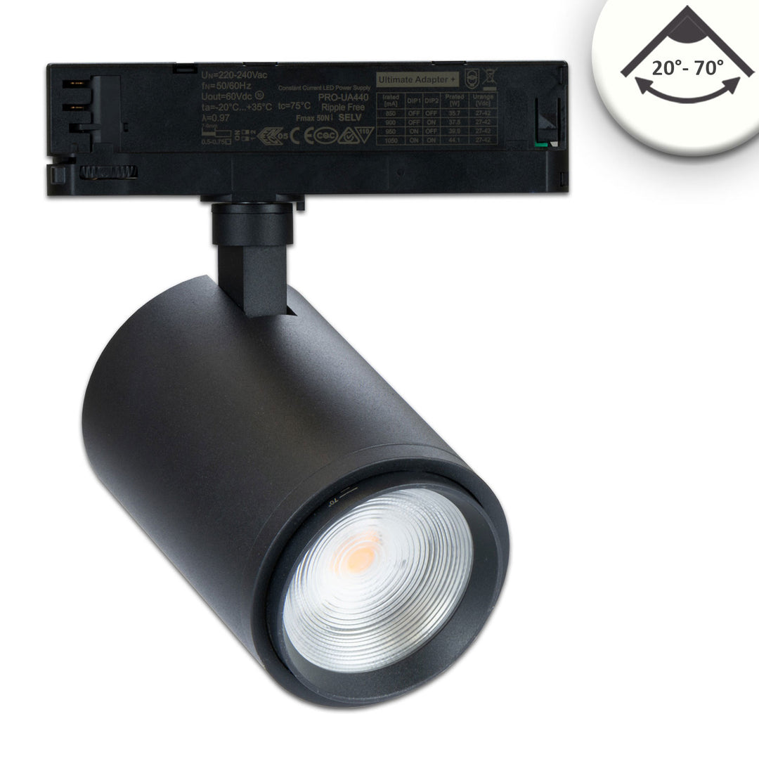 3-phase track spotlight, focusable, 42W, 20°-70°, matte black, 4000K, CRI92