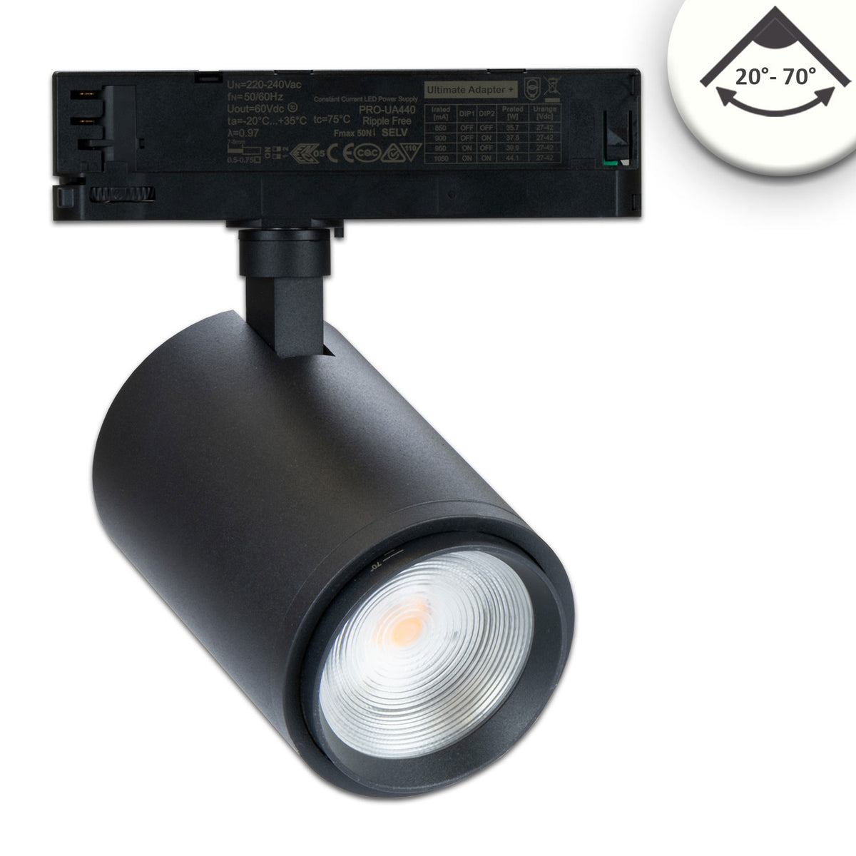 3-phase track spotlight, focusable, 42W, 20°-70°, matte black, 4000K, CRI92