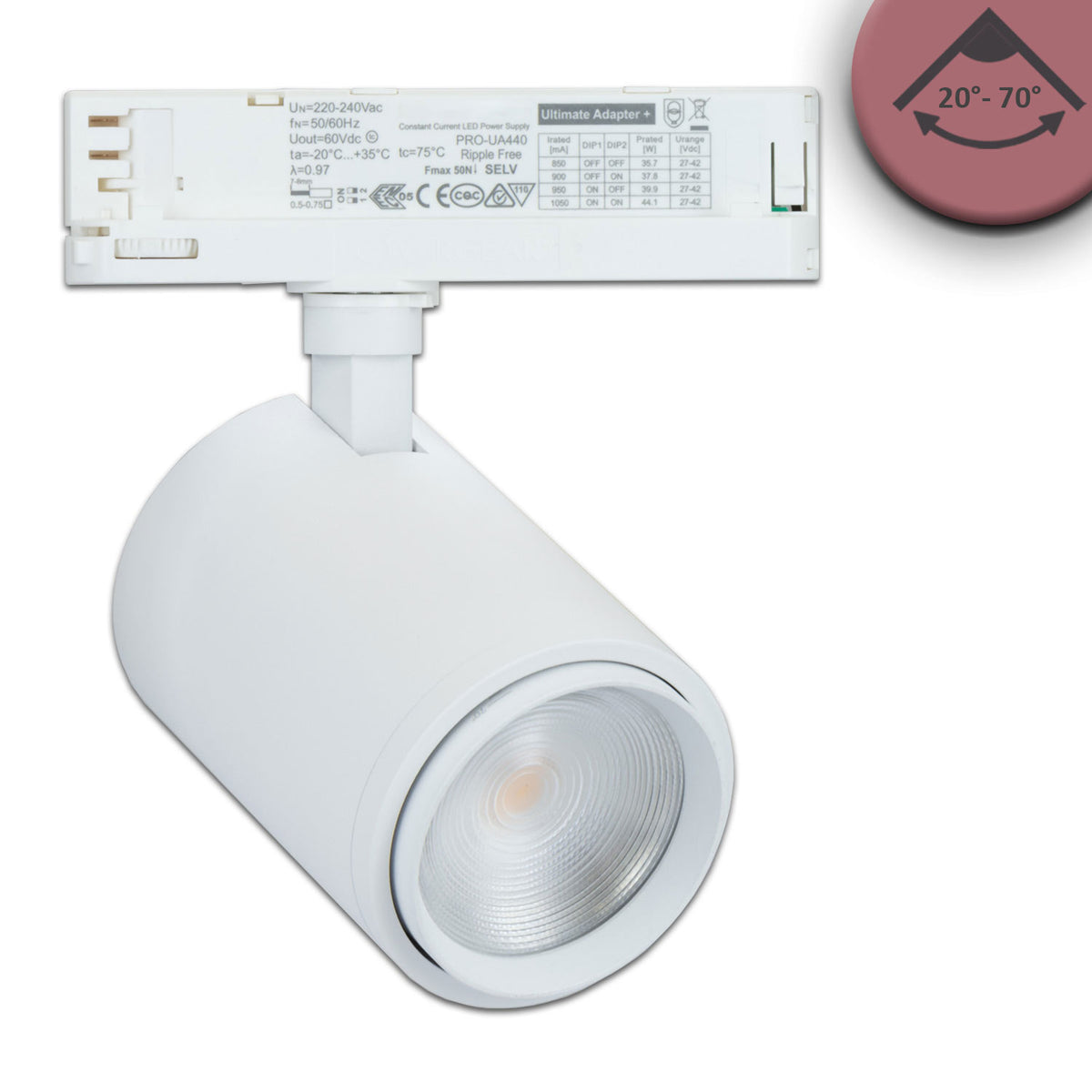 3-phase track spotlight, focusable, 34W, 20°-70°, matte white, Fresh Meat 3200K