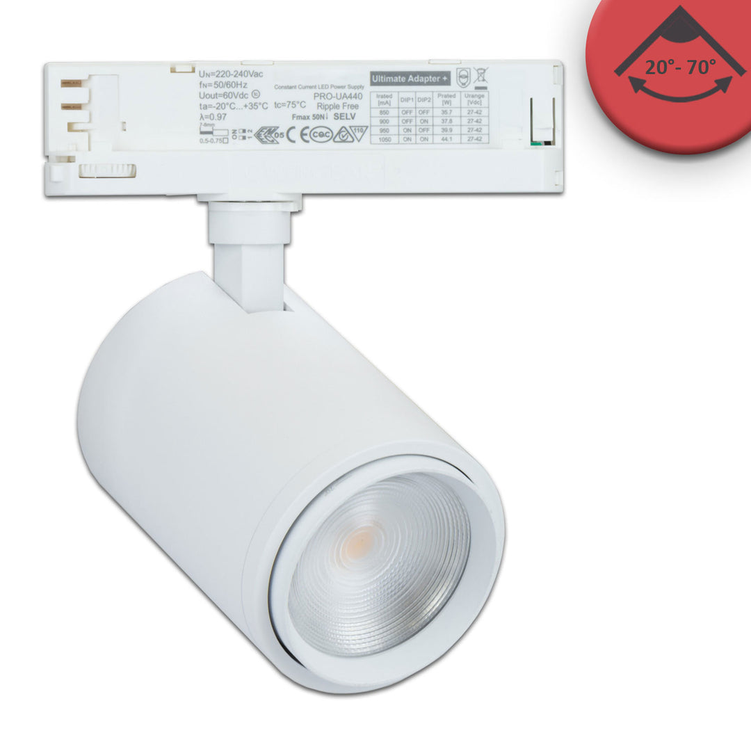 3-phase track spotlight, focusable, 34W, 20°-70°, matte white, 1900K