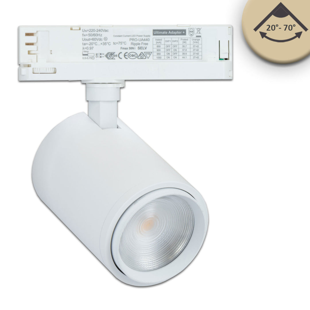 3-phase track spotlight, focusable, 34W, 20°-70°, matte white, Bread 2700K