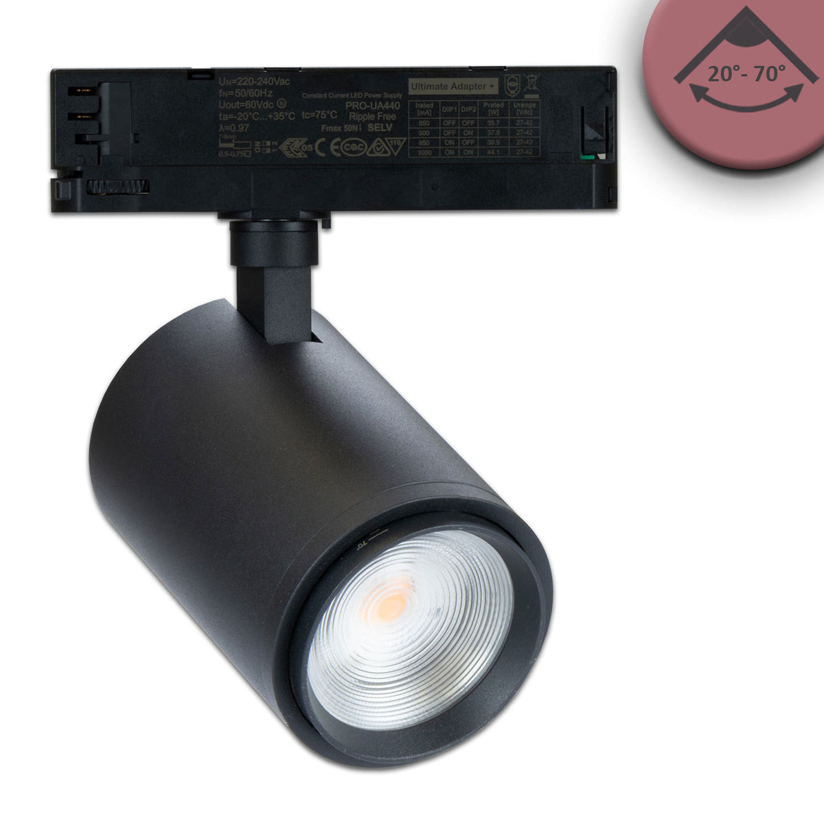 3-phase track spotlight, focusable, 34W, 20°-70°, matte black, Fresh Meat 3200K