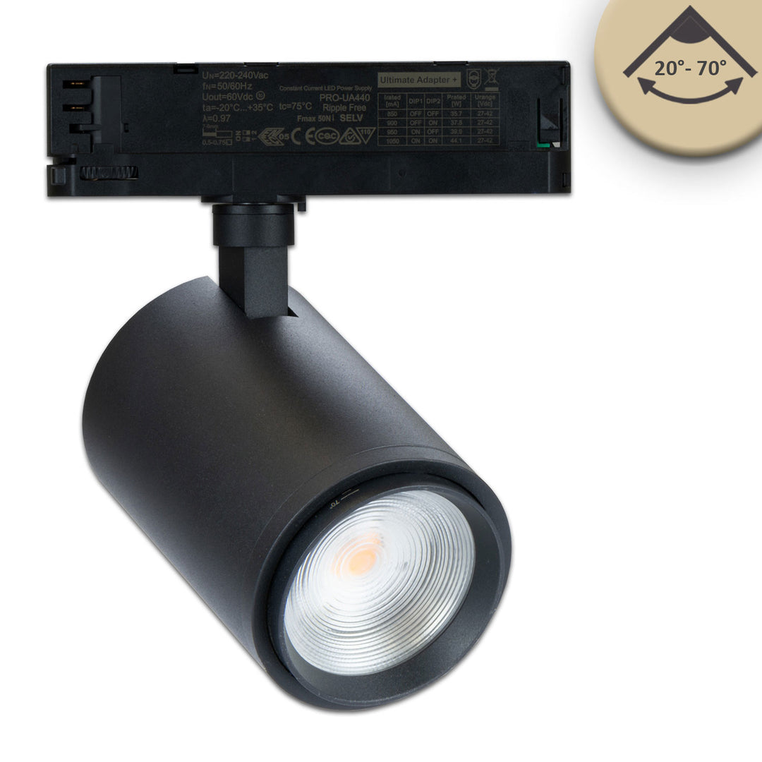 3-phase track spotlight, focusable, 34W, 20°-70°, matte black, Fruit 3000K
