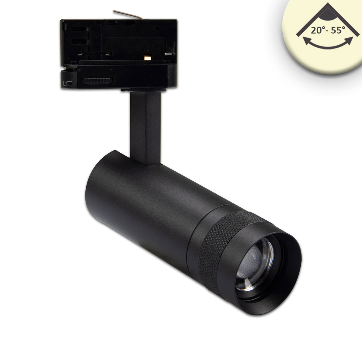 3-phase track spotlight, focusable, 8W, 20°-55°, matte black, 3000K
