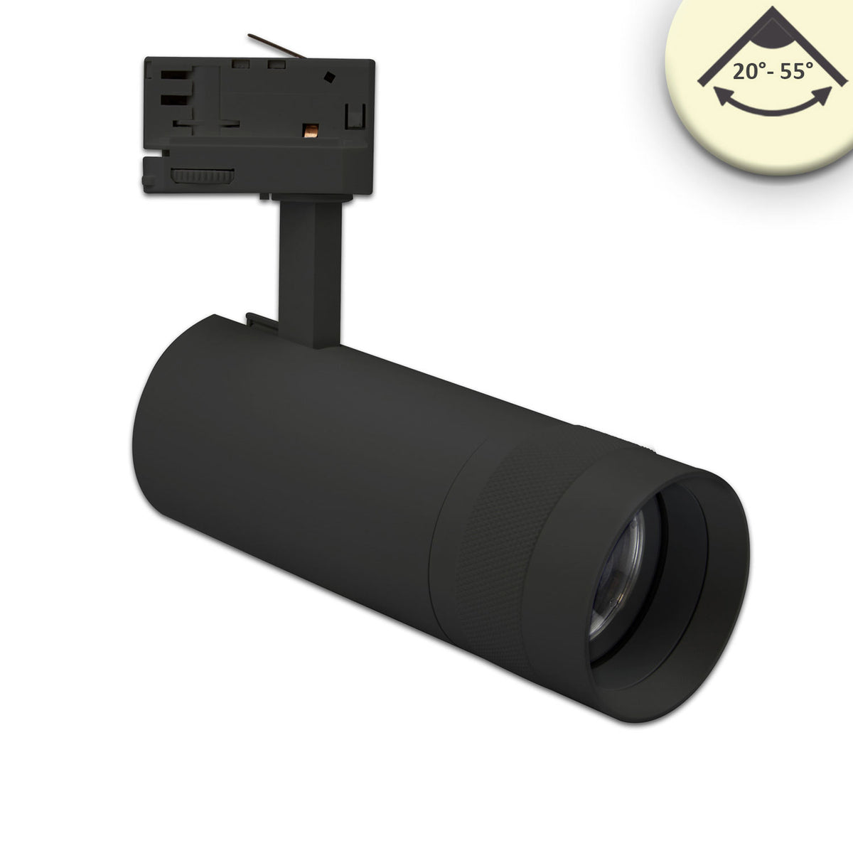 3-phase track spotlight, focusable, 24W, 20°-55°, matte black, 3000K
