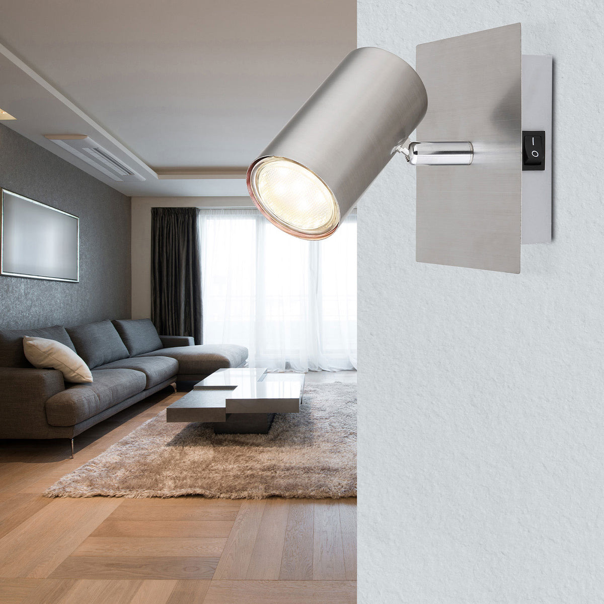 Wall light, matte nickel, with switch, 1xGU10 socket, bulb not included.