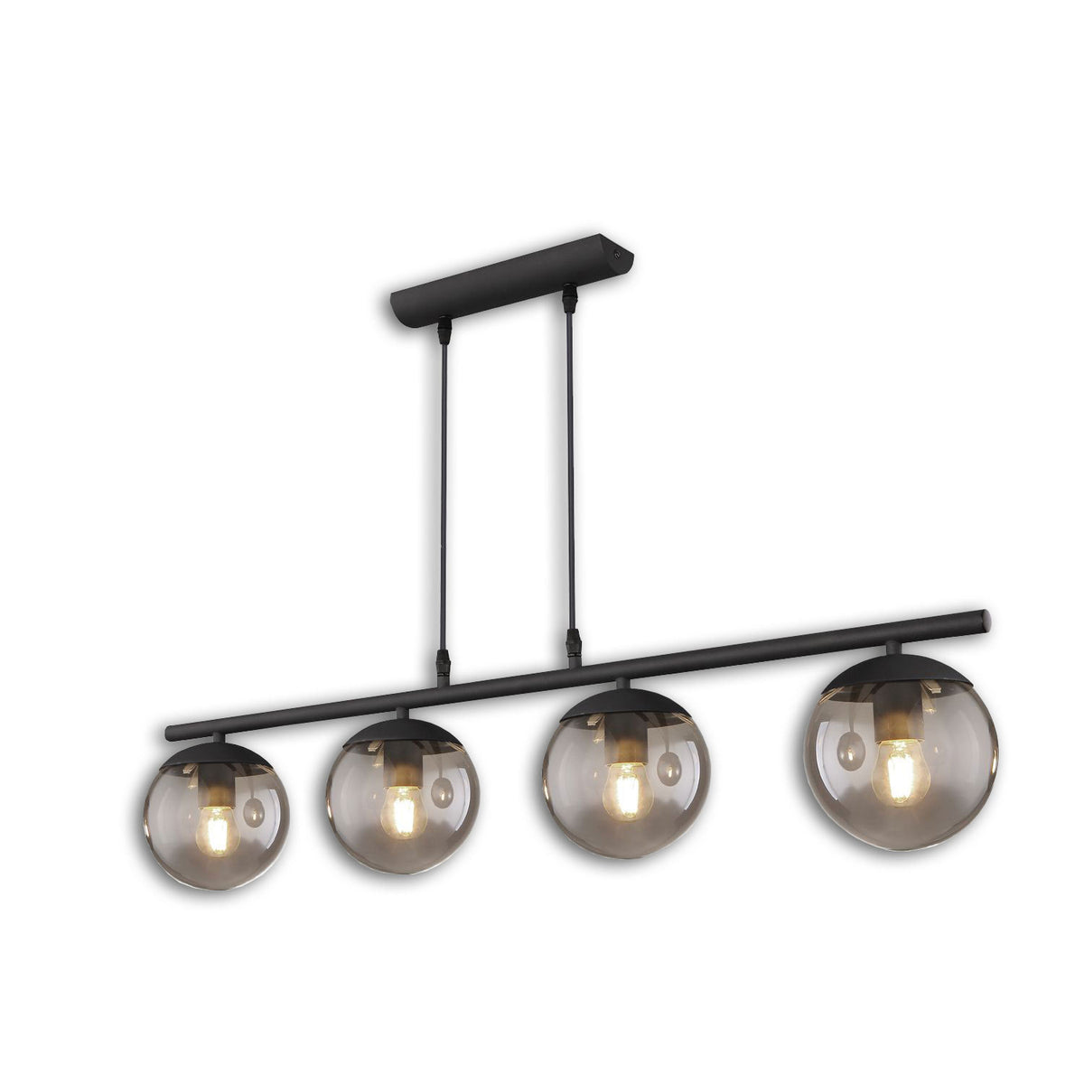 Pendant light, metal, black, round, smoked glass, 4xE27 sockets, bulbs not included.