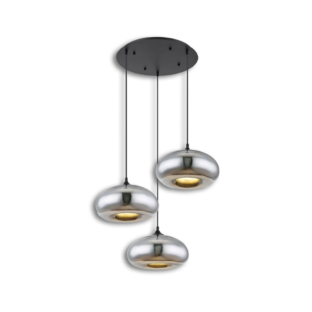 Pendant light, metal, black, oval, glass, chrome, 3xE27 socket, bulbs not included.