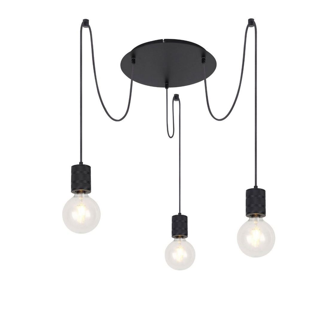 Round pendant light, matte black, 3xE27 sockets, bulbs not included.