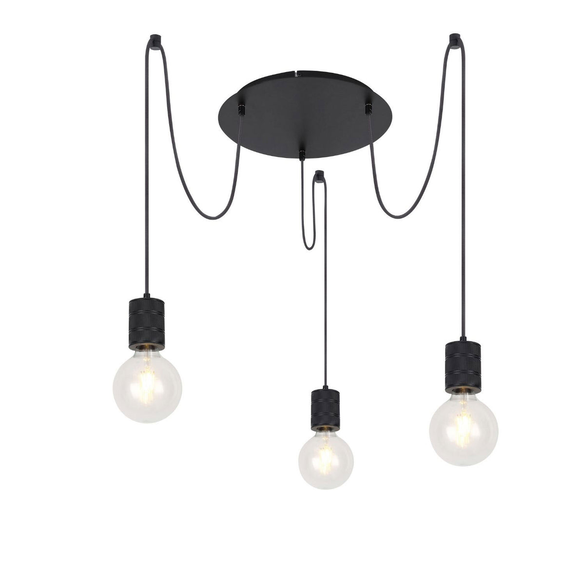 Round pendant light, matte black, 3xE27 sockets, bulbs not included.