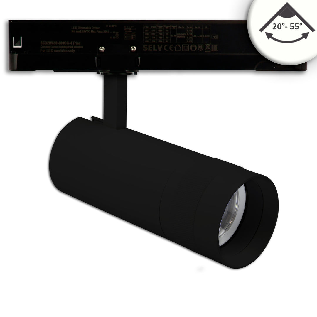 3-phase track spotlight, focusable, 24W, 20°-55°, matte black, 4000K, dimmable