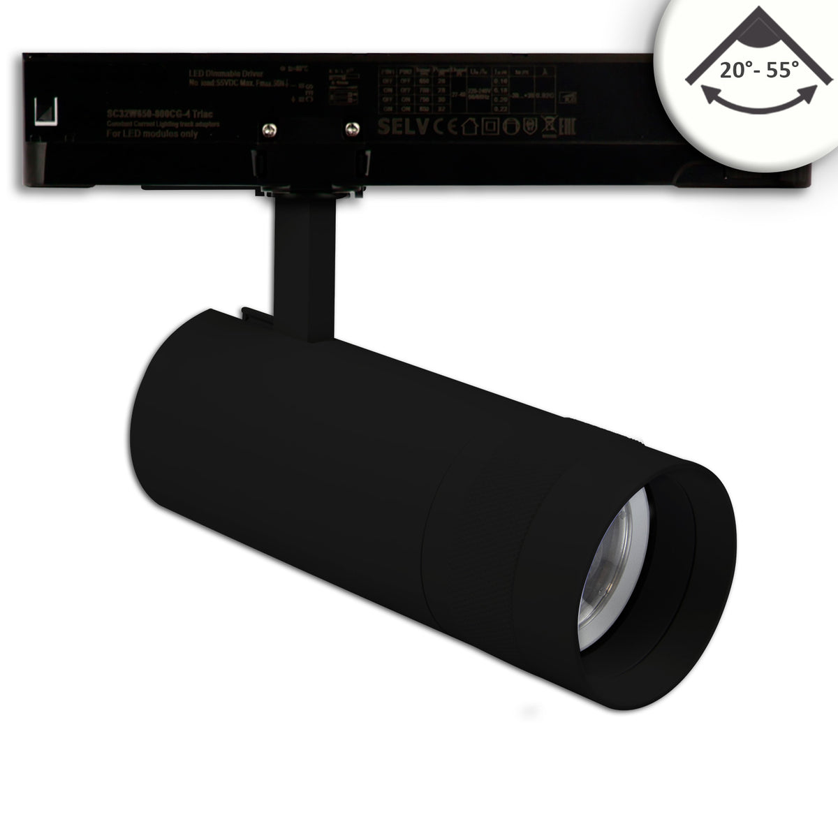 3-phase track spotlight, focusable, 24W, 20°-55°, matte black, 4000K, dimmable