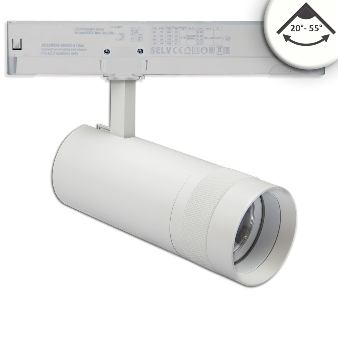 3-phase track spotlight, focusable, 24W, 20°-55°, matte white, 4000K, dimmable