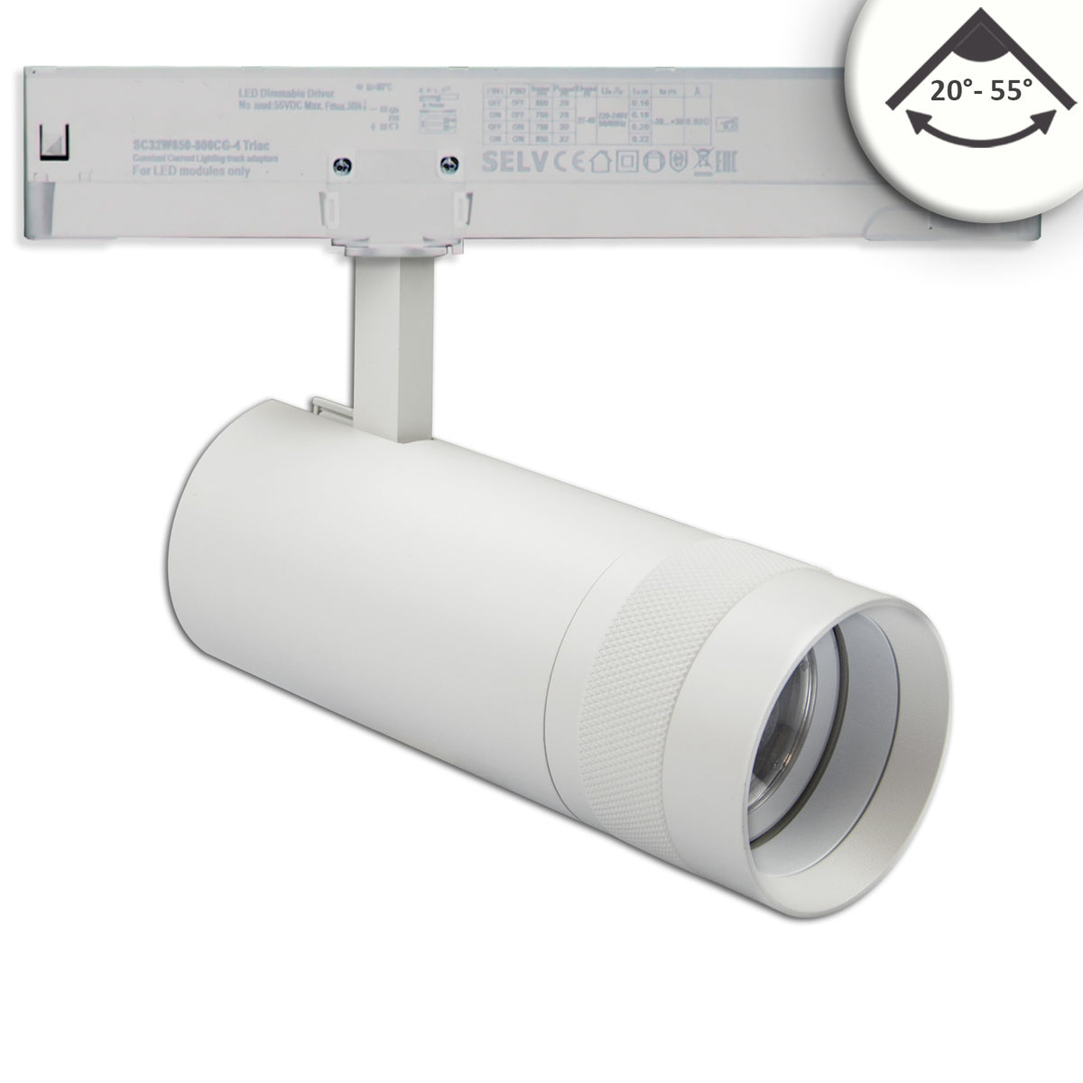 3-phase track spotlight, focusable, 24W, 20°-55°, matte white, 4000K, dimmable
