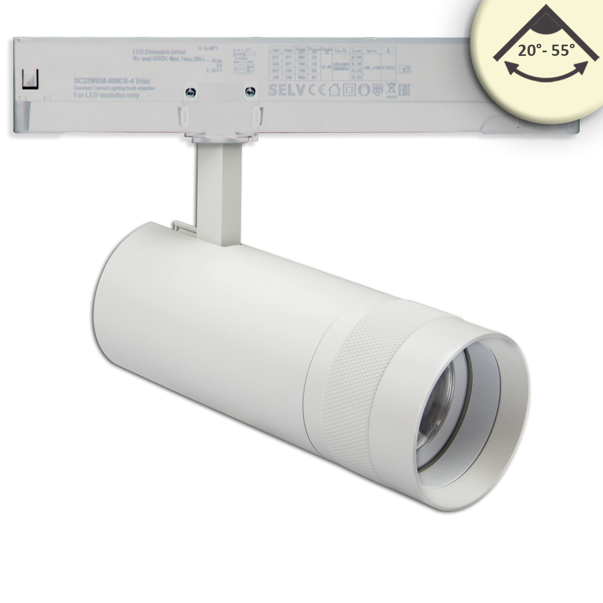 3-phase track spotlight, focusable, 24W, 20°-55°, matte white, 3000K, dimmable