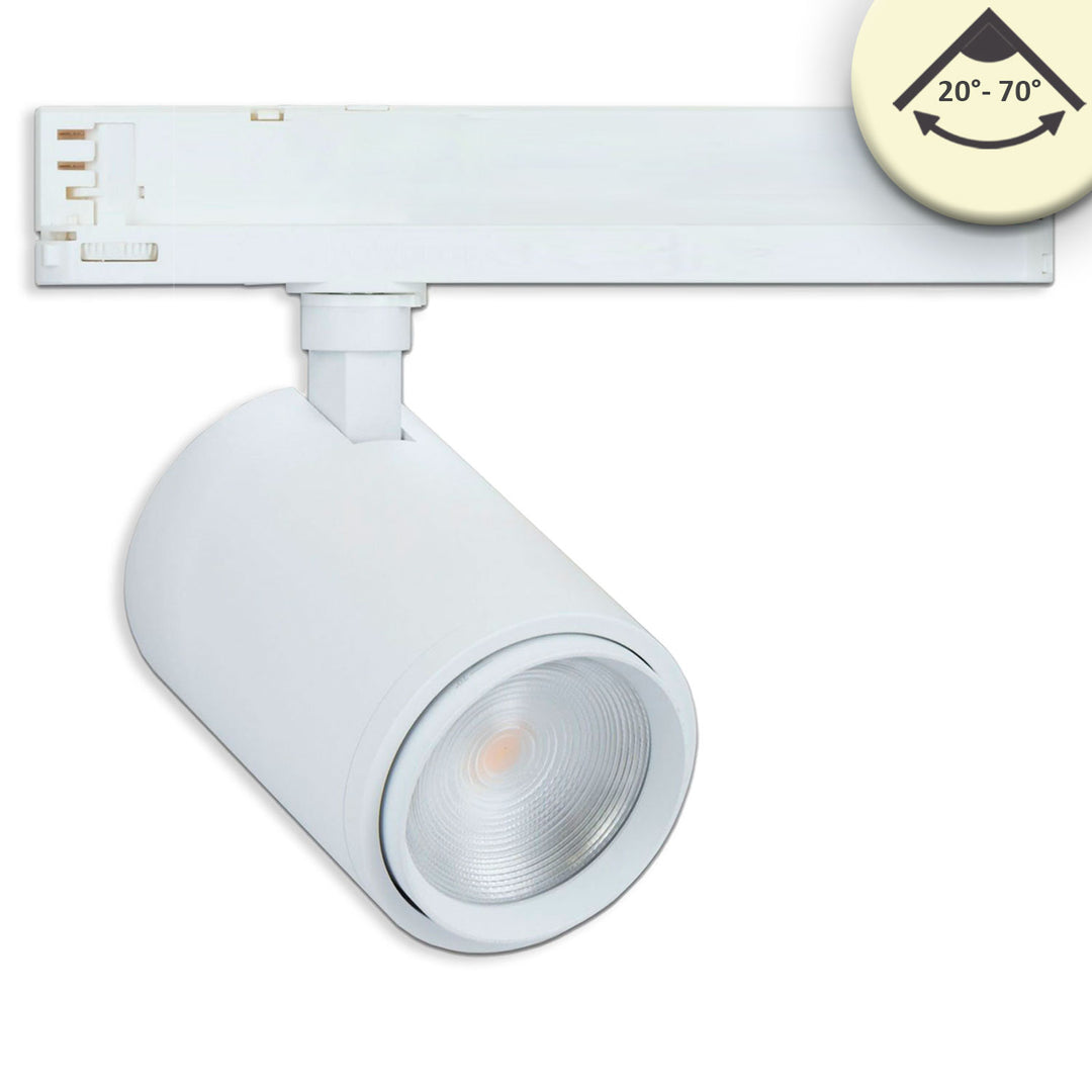 3-phase track spotlight, focusable, 42W, 20°-70°, matte white, 3000K, CRI92, DALI dimmable