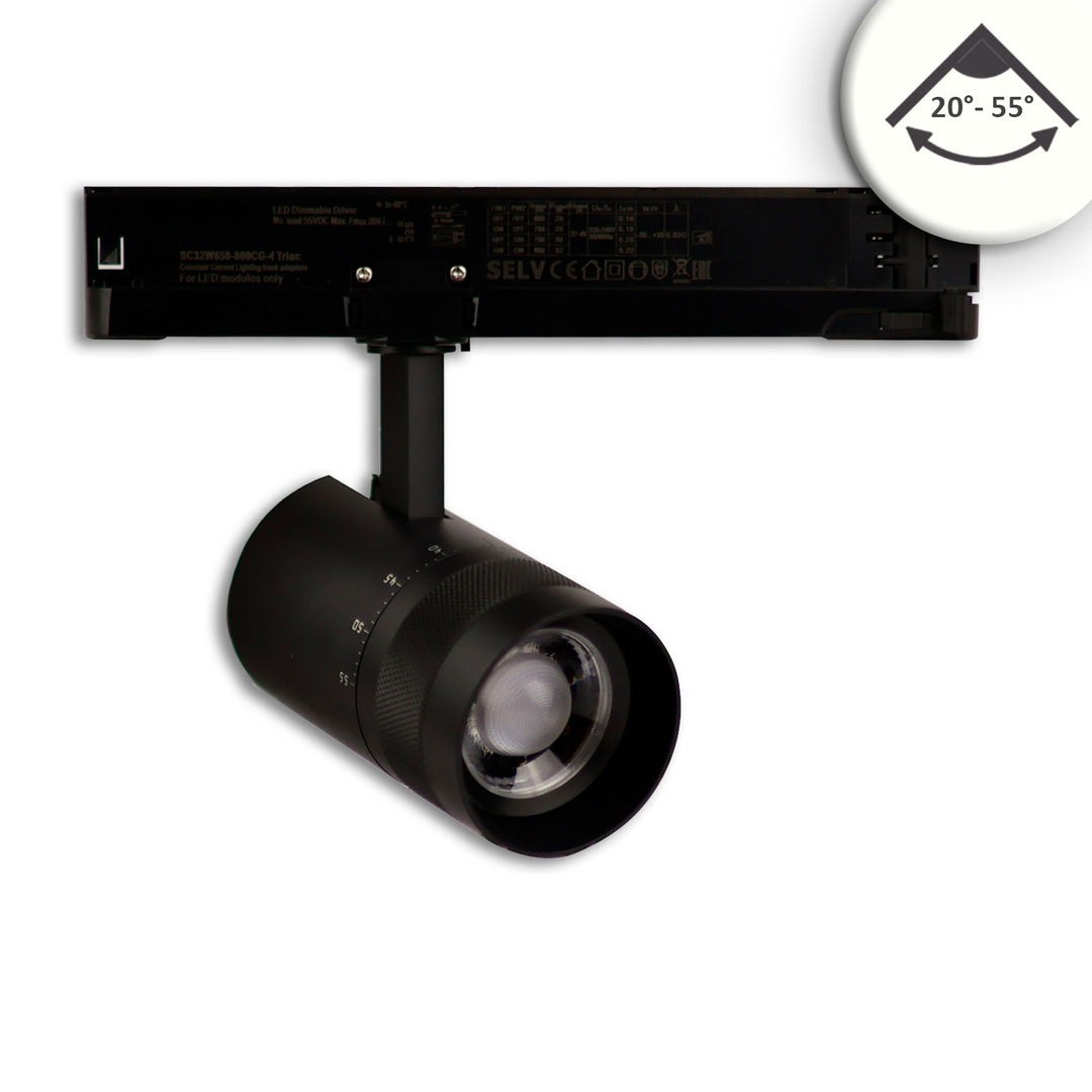 3-phase track spotlight, focusable, 12W, 20°-55°, matte black, 4000K, DALI dimmable