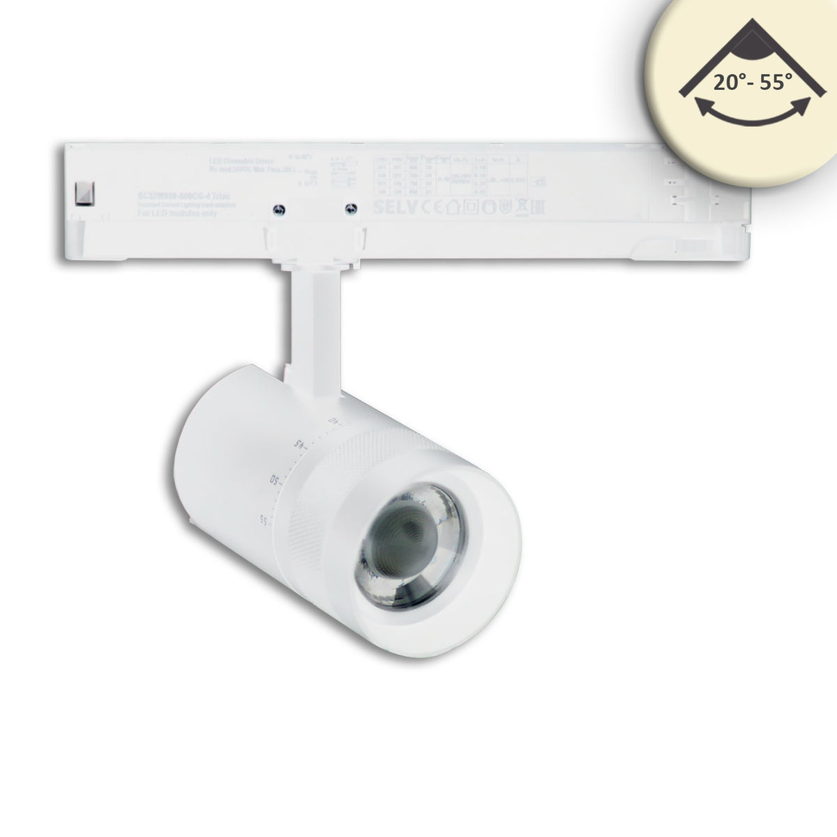 3-phase track spotlight, focusable, 12W, 20°-55°, matte white, 3000K, DALI dimmable