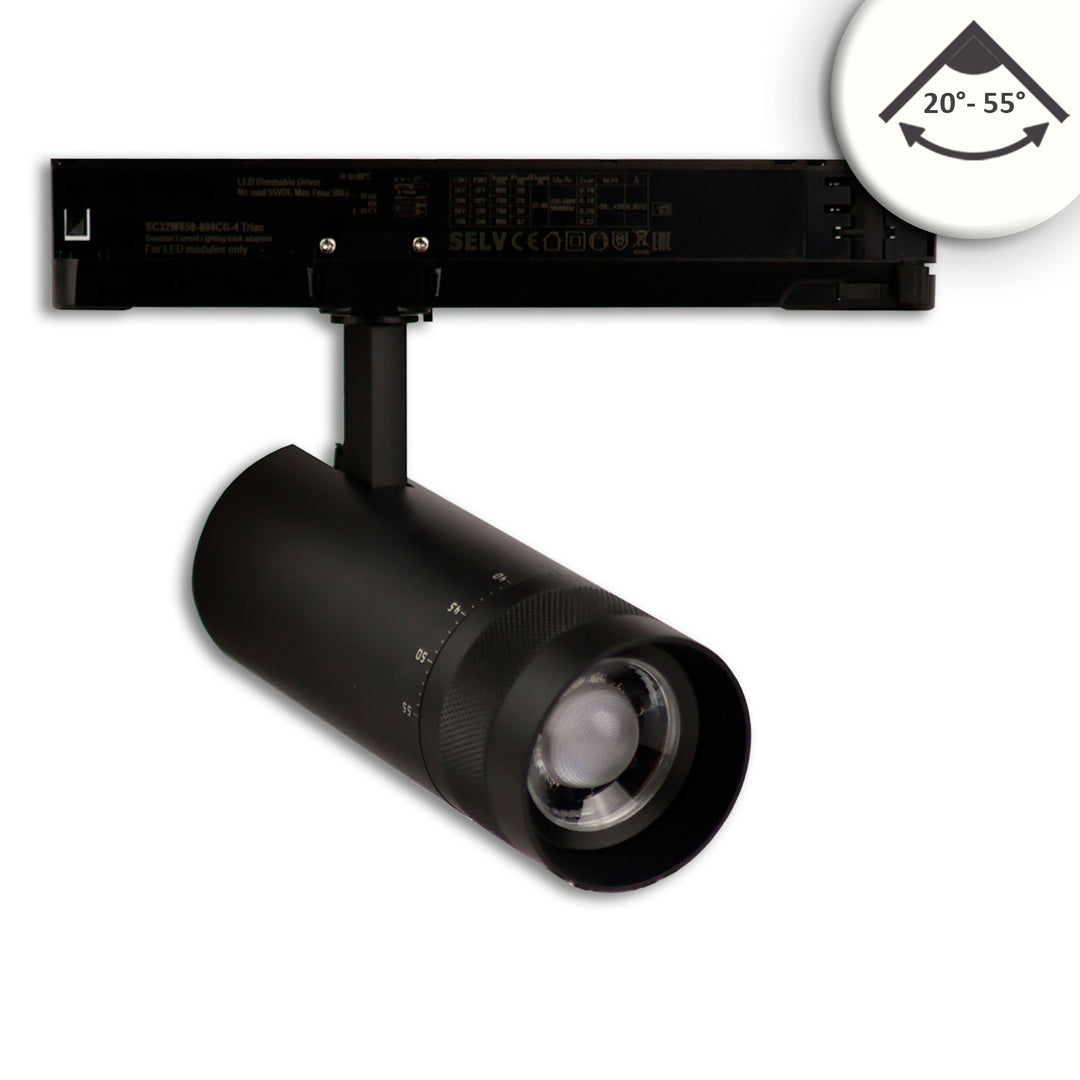 3-phase track spotlight, focusable, 24W, 20°-55°, matte black, 4000K, DALI dimmable