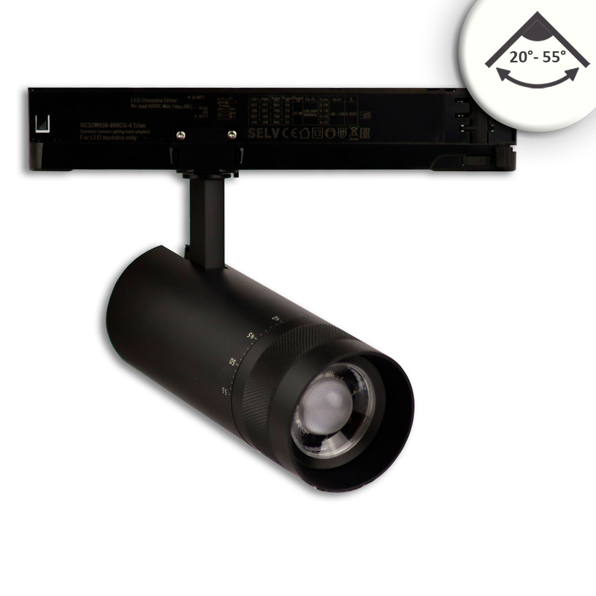 3-phase track spotlight, focusable, 24W, 20°-55°, matte black, 4000K, DALI dimmable