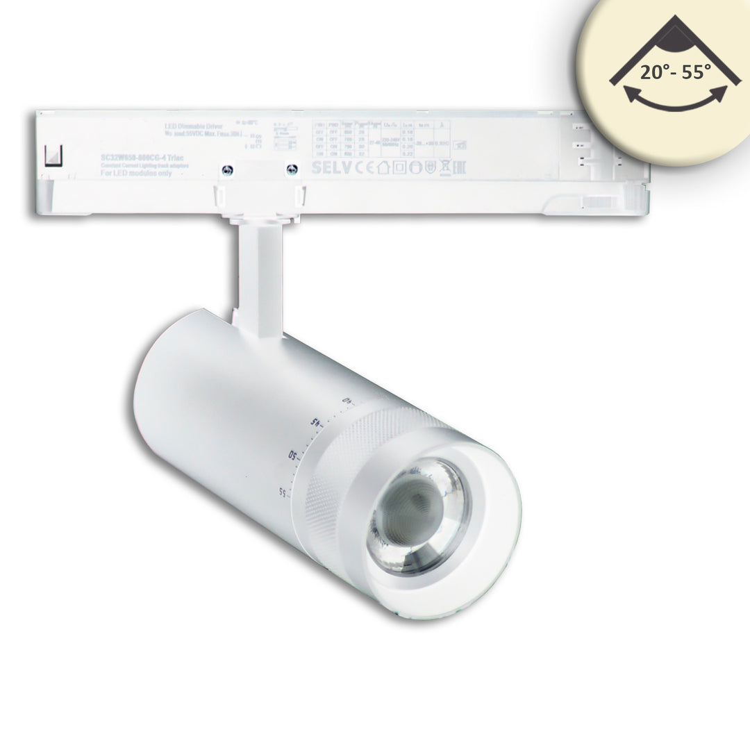 3-phase track spotlight, focusable, 24W, 20°-55°, matte white, 3000K, DALI dimmable