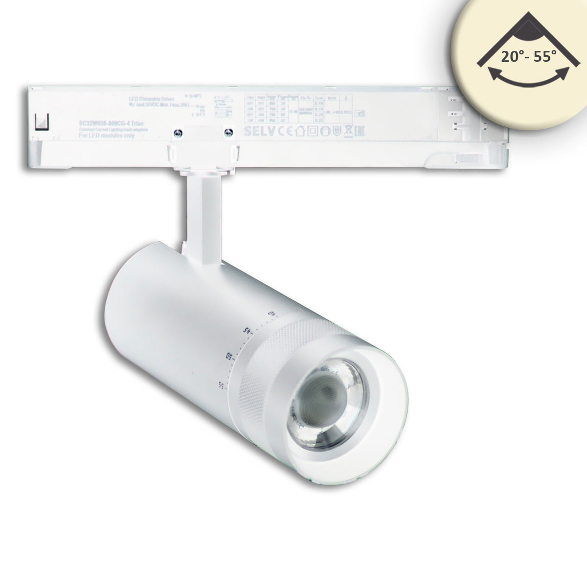 3-phase track spotlight, focusable, 24W, 20°-55°, matte white, 3000K, DALI dimmable
